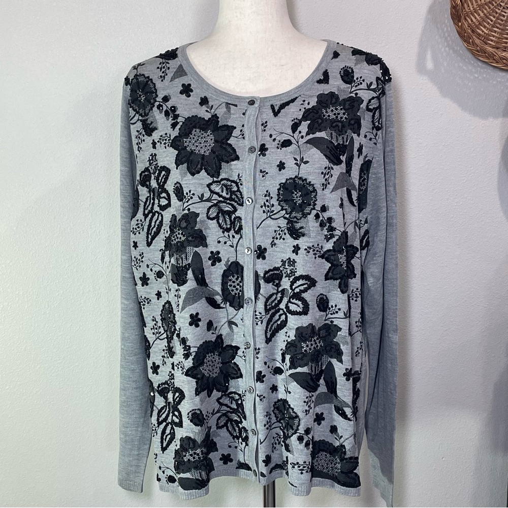 Silk Blend Beaded Cardigan Gray Black Embellishments Victor Costa Occasion XL